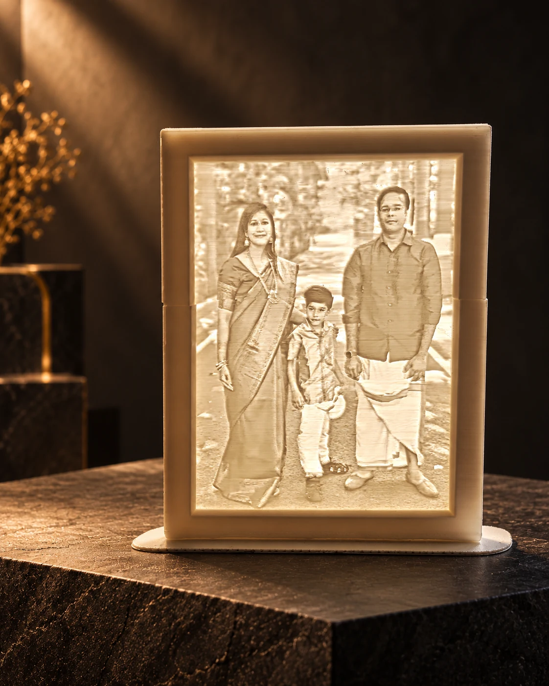 LumiFrame family portrait in a dark editorial setting