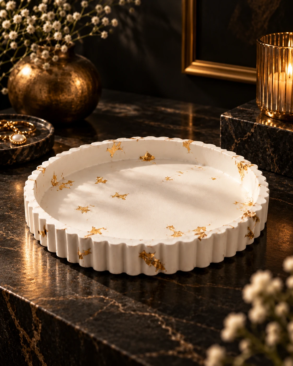 Riva Tray, ivory & gold · after dark, editorial setting