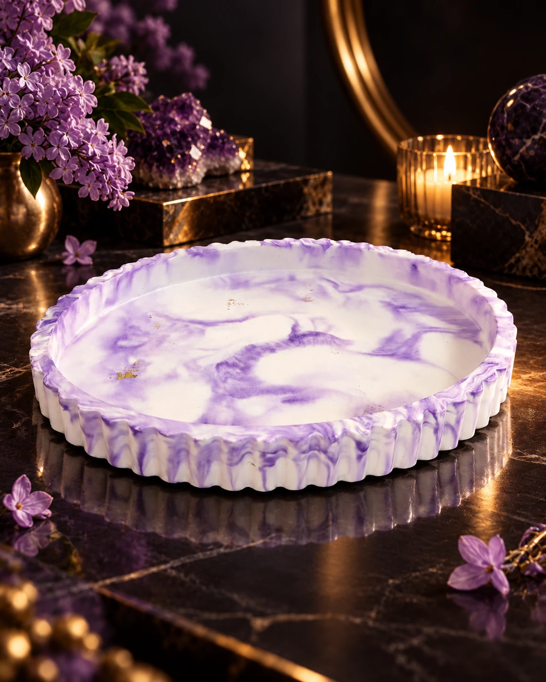 Riva Tray, lavender · after dark, editorial setting