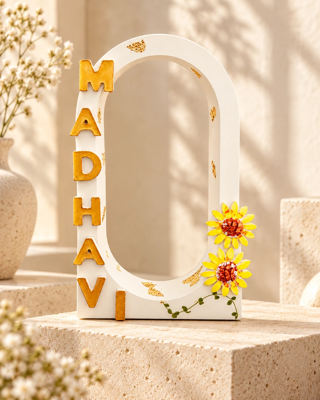 Signature MADHAVI nameplate with sunflower details in an editorial setting